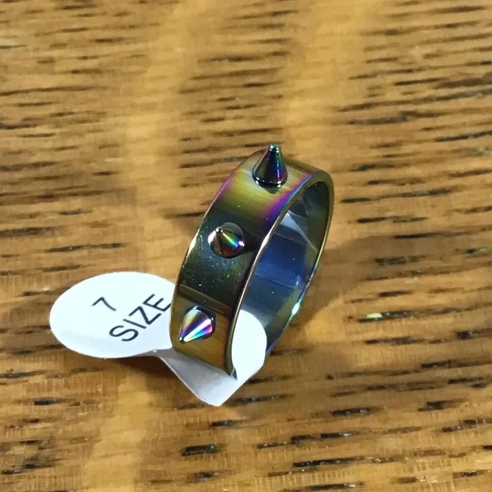 Gold Rainbow Stainless Steel Triple Spike Band Ring